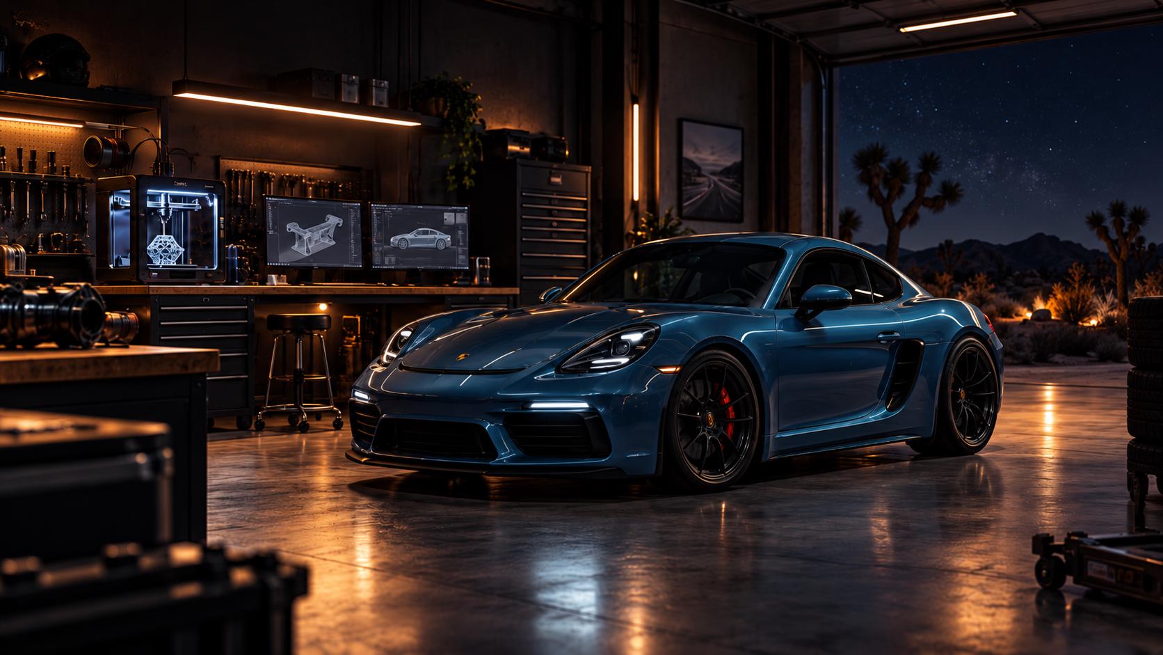 Blue Porsche Cayman project in the Paragon Life desert workshop concept